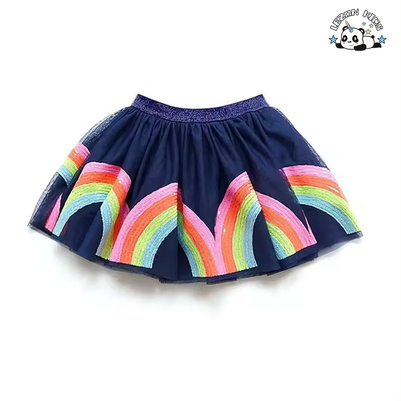 LEZONKIDS - Saia Tutu Mini Personalizável para Meninas Crianças Arco-íris Lantejoulas Bordadas Algodão Doce Estilo Ocidental Impressão Saia